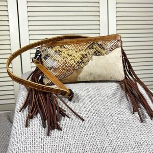 American Darling Tan Boho Shoulder Bag Cowhide Snakeskin Fringe Western Purse